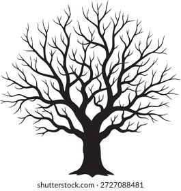 Ilustración en blanco y negro de una silueta de árbol desnudo, mostrando ramas y ramitas intrincadas sobre un fondo blanco.