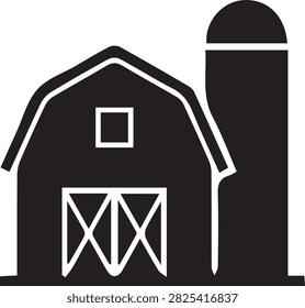 Black and white illustration of barn featuring a small window and crossbracing door with silo attached
