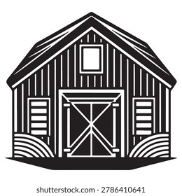 Black and white illustration of a barn with a gable roof and closed doors and windows simple farm building