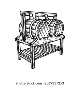 black and white illustration of a barrel in an engraving style