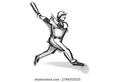 A black and white illustration of a baseball batter hitting a home run