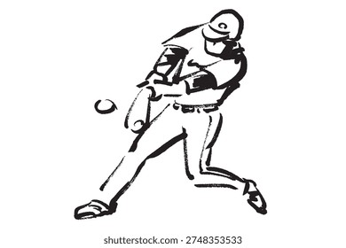 A black and white illustration of a baseball batter hitting a home run