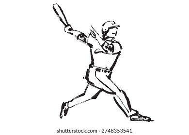 A black and white illustration of a baseball batter hitting a home run