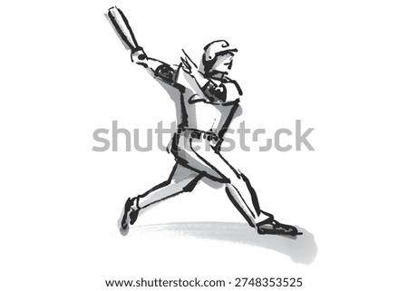 A black and white illustration of a baseball batter hitting a home run