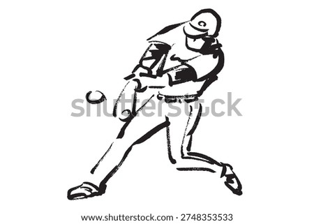 A black and white illustration of a baseball batter hitting a home run