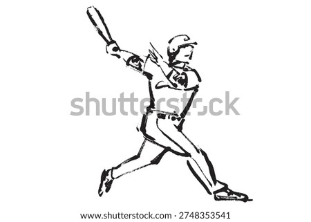 A black and white illustration of a baseball batter hitting a home run