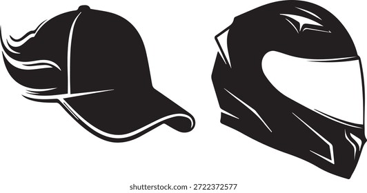 Ilustración en blanco y negro de una gorra de béisbol y un casco de esquí
