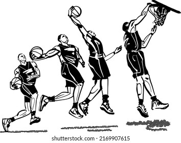 black and white illustration of the basketball players silhouettes