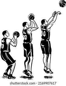 black and white illustration of the basketball players silhouettes