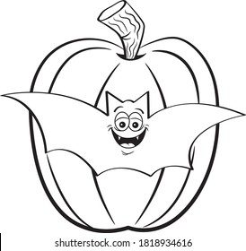 Black and white illustration of a bat in front of a large pumpkin.