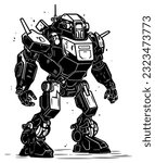 Black and white illustration of battle robot.