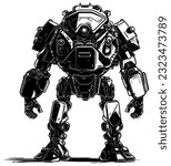 Black and white illustration of battle robot.