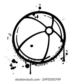 A black and white illustration of a beach ball with a spray paint effect and ink splatters.