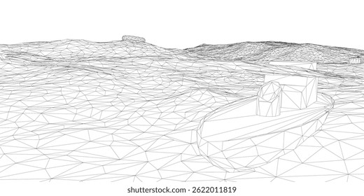 A black and white illustration of a beach with a boat in the water. The image is of a very large body of water with a boat in the middle. The boat is small and he is floating on the water