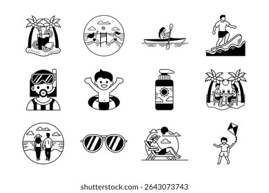 black and white illustration of beach life activity and summer holidays