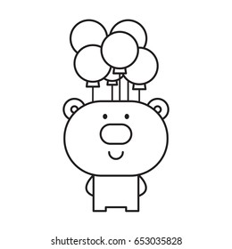 Black and white illustration of bear with balloons. Vector.