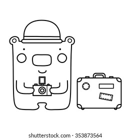 Black and white illustration of bear with camera and suitcase. Vector.