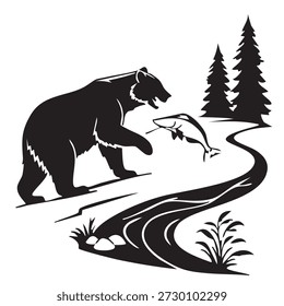 Ilustración en blanco y negro de un oso atrapando un pez en un río, simbolizando la vida silvestre, la supervivencia, la naturaleza y el comportamiento de los depredadores en el paisaje forestal.