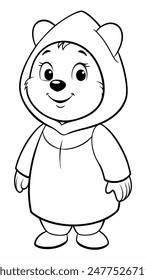 A black and white illustration of a bear in a hoodie