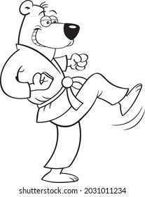 Black and white illustration of a bear in a Karate uniform kicking.