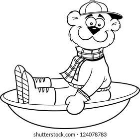Black and white illustration of a bear sledding.