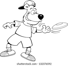 Black and white illustration of a bear throwing a flying disc.