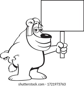 Black and white illustration of a bear wearing a protective mask while holding a sign.