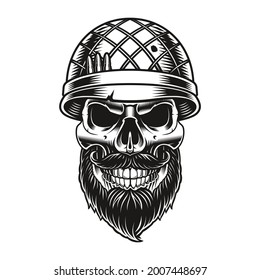 a black and white illustration of a bearded skull soldier