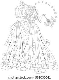 Black and white illustration of beautiful fairy holding magic wand for coloring. Worksheet for children and adults. Vector image.