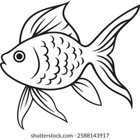 Black and white illustration of a beautiful fish swimming