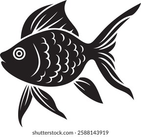 Black and white illustration of a beautiful fish swimming