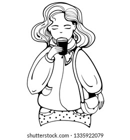 Black and white illustration, beautiful girl with a cup of coffee.