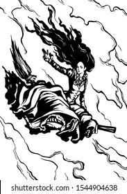 
Black and white illustration with a beautiful witch. She is wearing a Victorian dress, her long hair flutters in the wind. She flies on a broomstick high above the clouds.