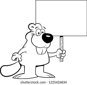 Black and white illustration of a beaver holding a sign.