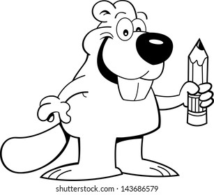 Black and white illustration of a beaver holding a pencil.