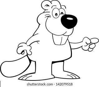 Black and white illustration of a beaver pointing.
