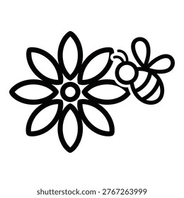Black and white illustration of a bee flying near a flower icon