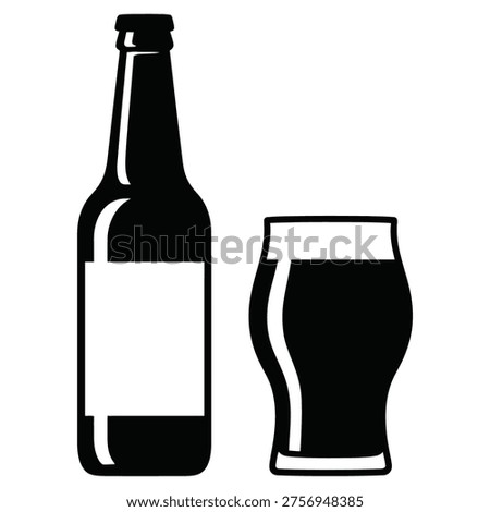 Black and white illustration of a beer bottle and a pint glass