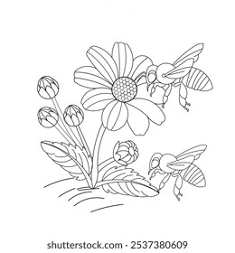 Black and White Illustration of Bees and Flowers – Nature Art for Kids and Adults