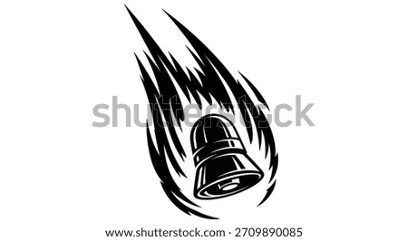 A black and white illustration of a bell in mid-fall, surrounded by dynamic, flame-like streaks.