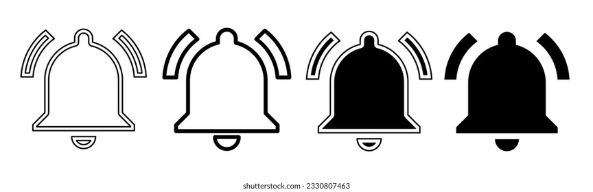 Ilustración en blanco y negro de una notificación de timbre. Colección de iconos de notificación de Campana con línea. Ilustración vectorial de material.