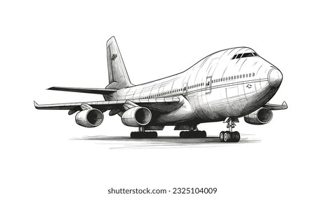 Black and white illustration of big plane. Flight sketch