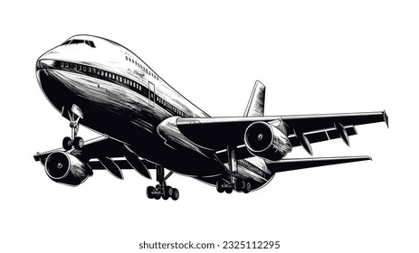 Black and white illustration of big plane. Flight sketch