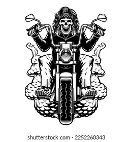 Black and white illustration of a biker skeleton on a motorcycle