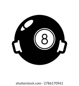Black and white illustration of a billiard ball with the number eight, featuring a circular design with two white spots, and two small handles on the side.