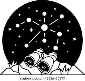black and white illustration of a binocular looking at the stars