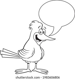 Ilustración en blanco y negro de un pájaro con un globo de leyenda.