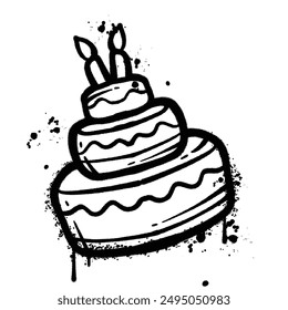 A black and white illustration of a birthday cake with candles, rendered in a spray paint style.