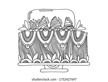 Black and white illustration of a birthday or holiday cake. Idea for holiday invitations, for coloring books, children's art. Trace