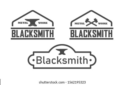 Black and white illustration of a blacksmith logo on a white background. Vector illustration of anvil hammer and text in different variants. Professional metal work